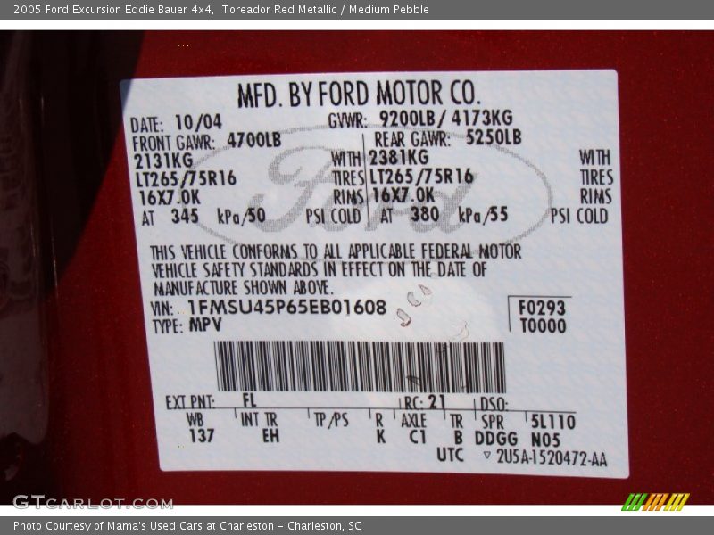 Toreador Red Metallic / Medium Pebble 2005 Ford Excursion Eddie Bauer 4x4