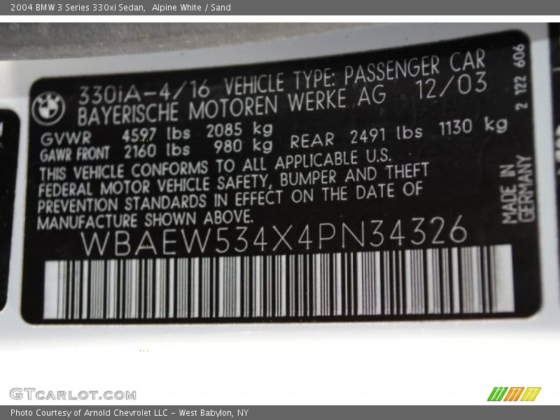 Alpine White / Sand 2004 BMW 3 Series 330xi Sedan