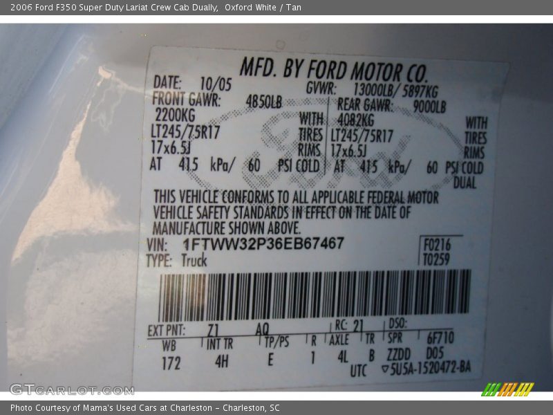 2006 F350 Super Duty Lariat Crew Cab Dually Oxford White Color Code Z1