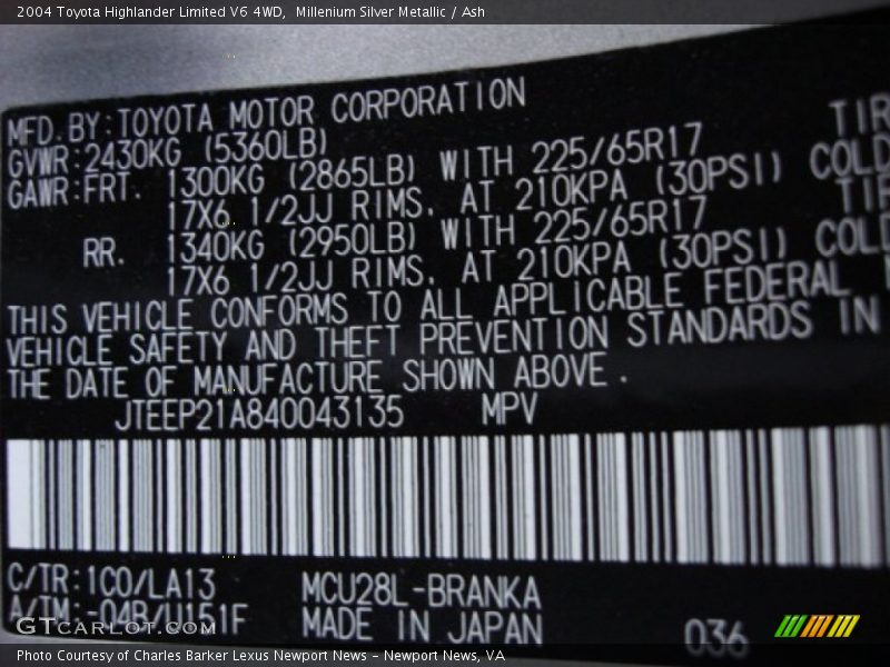 Millenium Silver Metallic / Ash 2004 Toyota Highlander Limited V6 4WD