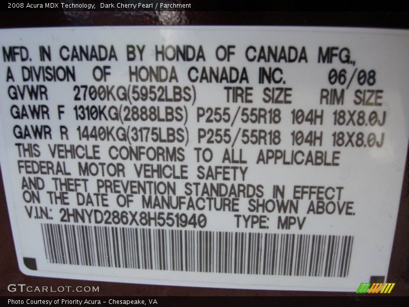 Dark Cherry Pearl / Parchment 2008 Acura MDX Technology