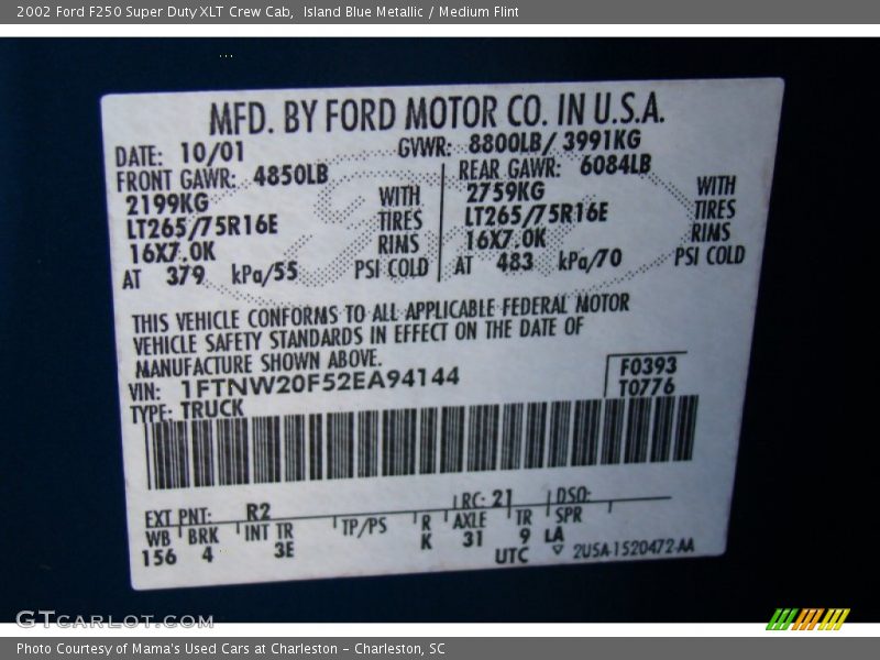 2002 F250 Super Duty XLT Crew Cab Island Blue Metallic Color Code R2