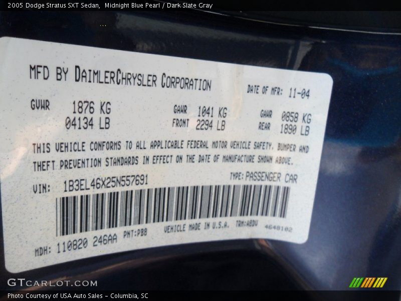 Midnight Blue Pearl / Dark Slate Gray 2005 Dodge Stratus SXT Sedan