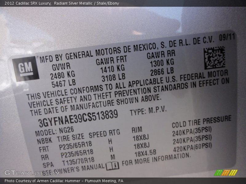 Radiant Silver Metallic / Shale/Ebony 2012 Cadillac SRX Luxury