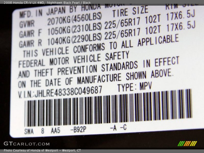 Nighthawk Black Pearl / Black 2008 Honda CR-V LX 4WD