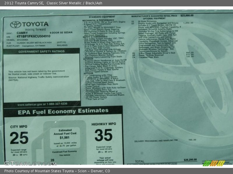  2012 Camry SE Window Sticker
