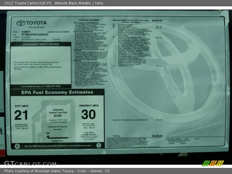 Attitude Black Metallic / Ivory 2012 Toyota Camry XLE V6