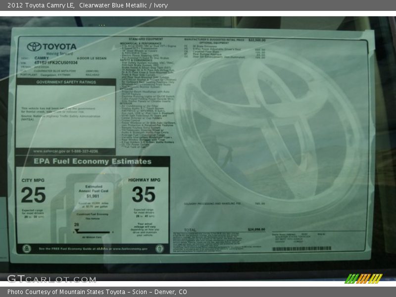  2012 Camry LE Window Sticker