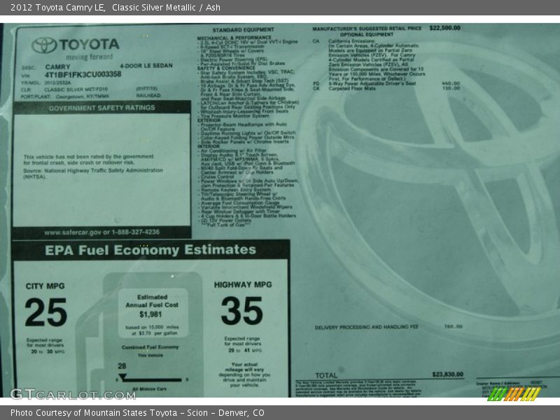 Classic Silver Metallic / Ash 2012 Toyota Camry LE