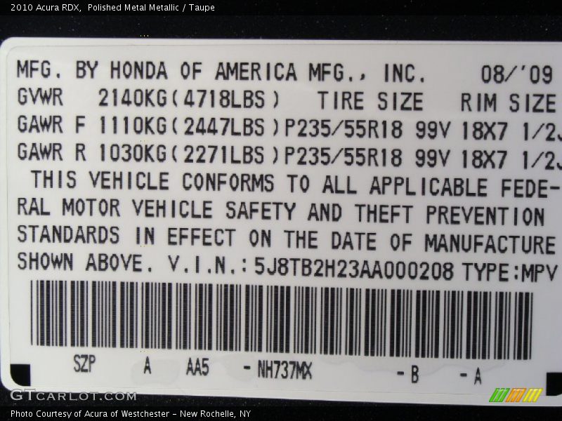 2010 RDX  Polished Metal Metallic Color Code NH737MX