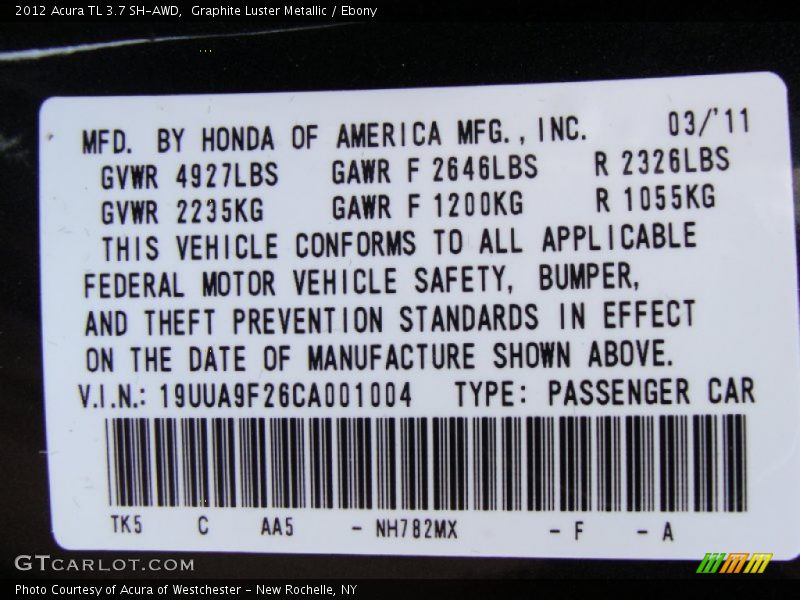 2012 TL 3.7 SH-AWD Graphite Luster Metallic Color Code NH782MX