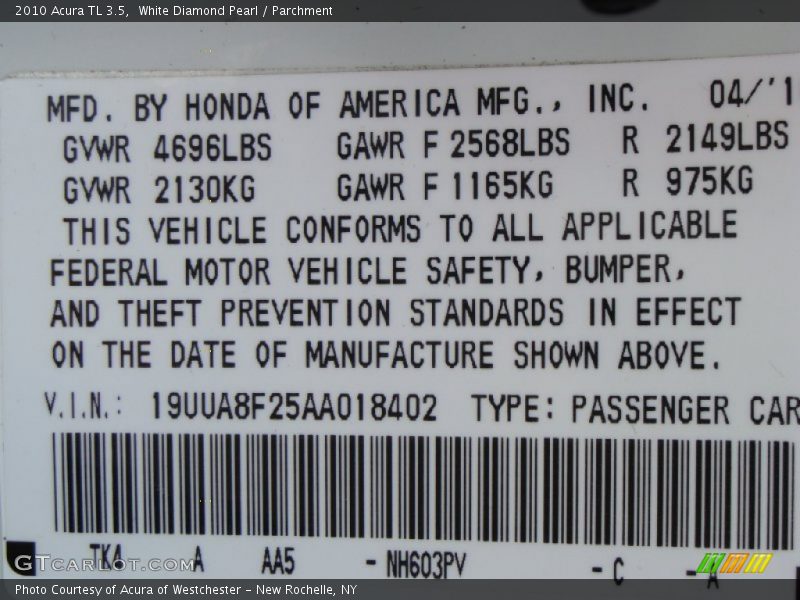 White Diamond Pearl / Parchment 2010 Acura TL 3.5