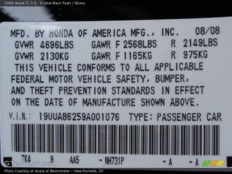 Crystal Black Pearl / Ebony 2009 Acura TL 3.5