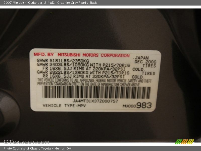 Graphite Gray Pearl / Black 2007 Mitsubishi Outlander LS 4WD