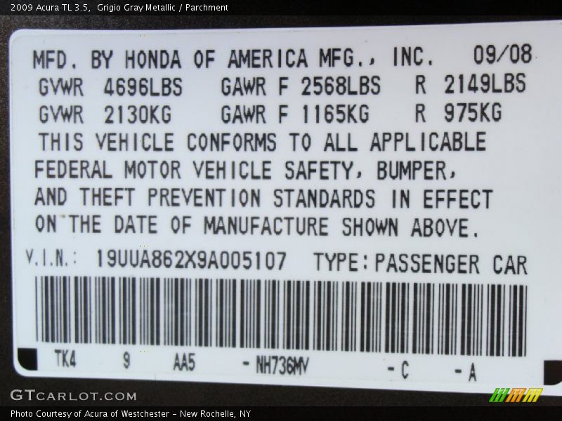 Grigio Gray Metallic / Parchment 2009 Acura TL 3.5
