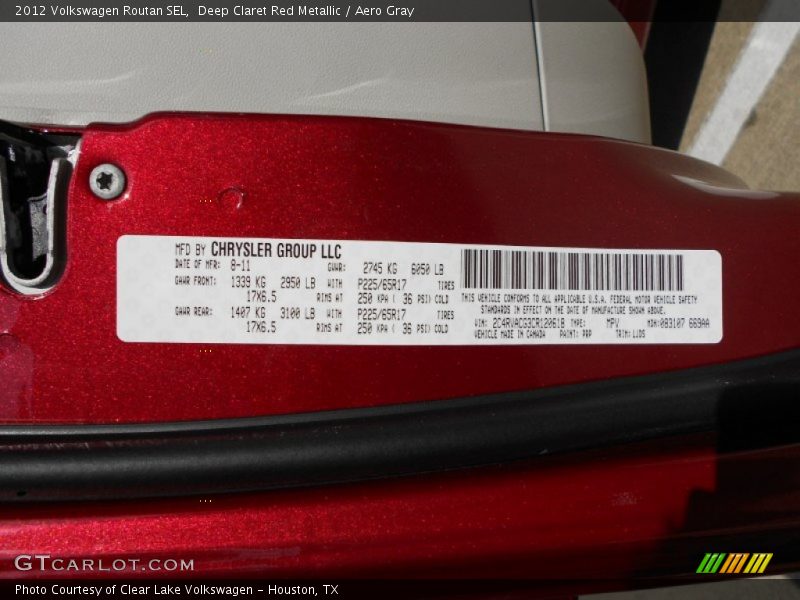 2012 Routan SEL Deep Claret Red Metallic Color Code PRP