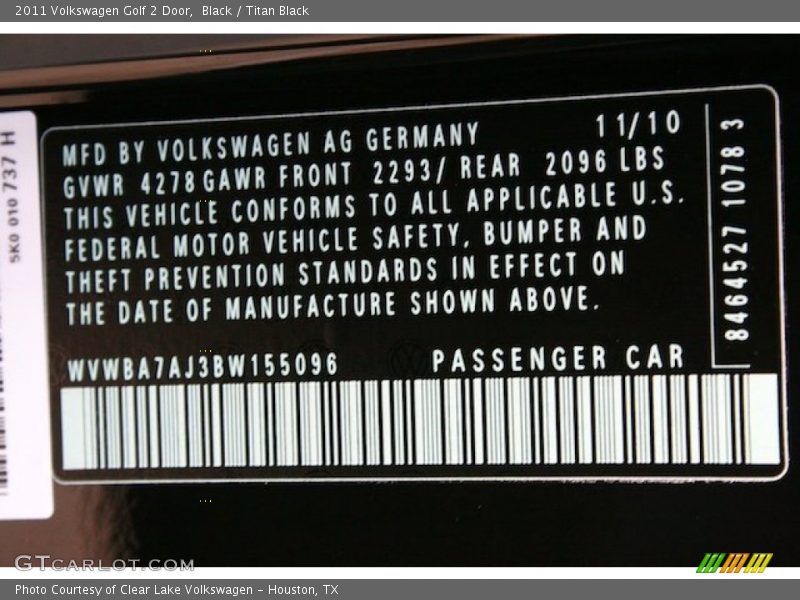 Black / Titan Black 2011 Volkswagen Golf 2 Door