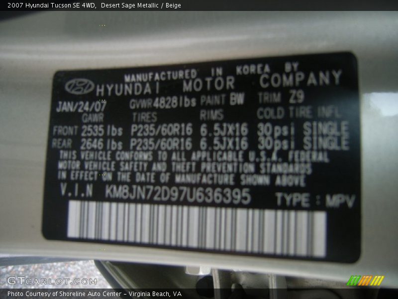 Desert Sage Metallic / Beige 2007 Hyundai Tucson SE 4WD