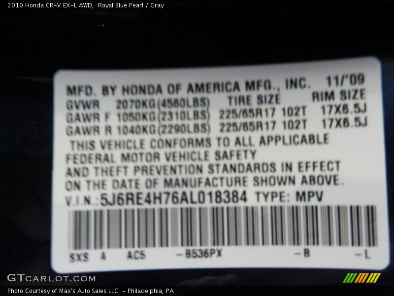 Royal Blue Pearl / Gray 2010 Honda CR-V EX-L AWD