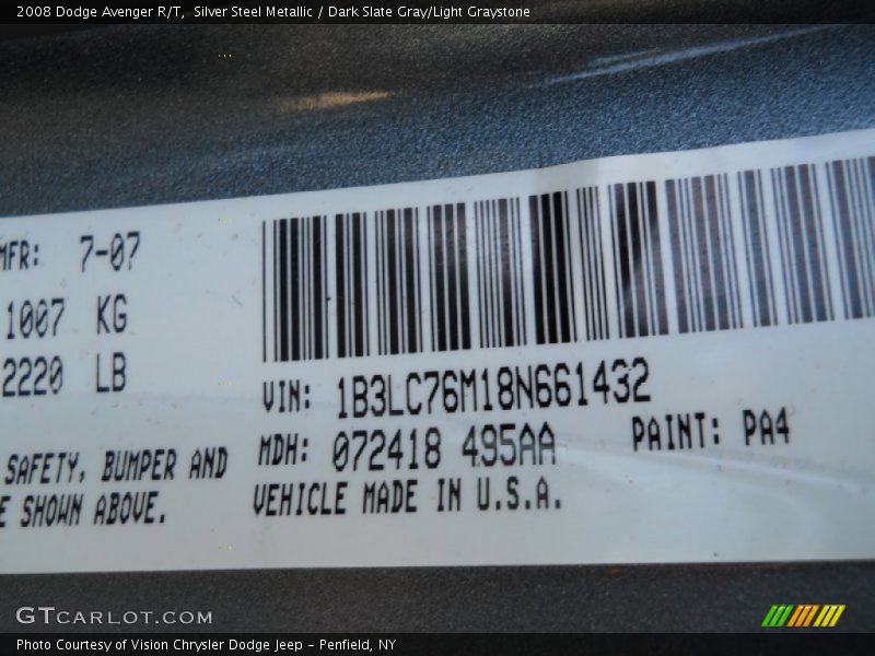 Silver Steel Metallic / Dark Slate Gray/Light Graystone 2008 Dodge Avenger R/T