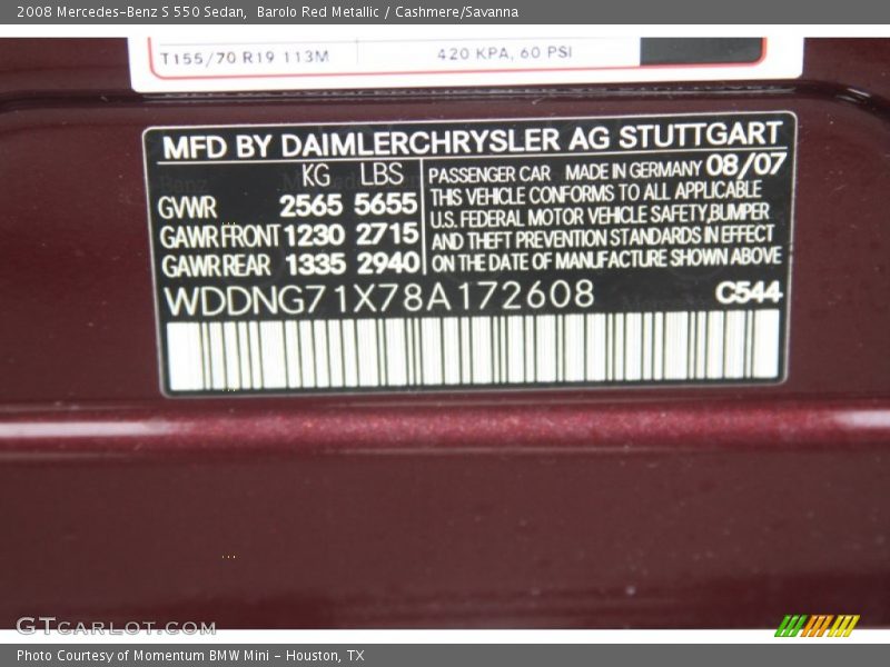 2008 S 550 Sedan Barolo Red Metallic Color Code 544