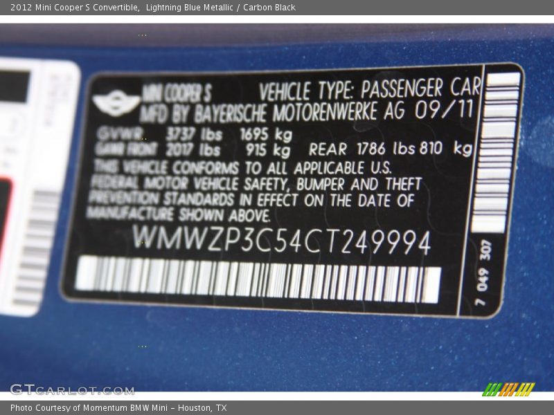 Lightning Blue Metallic / Carbon Black 2012 Mini Cooper S Convertible