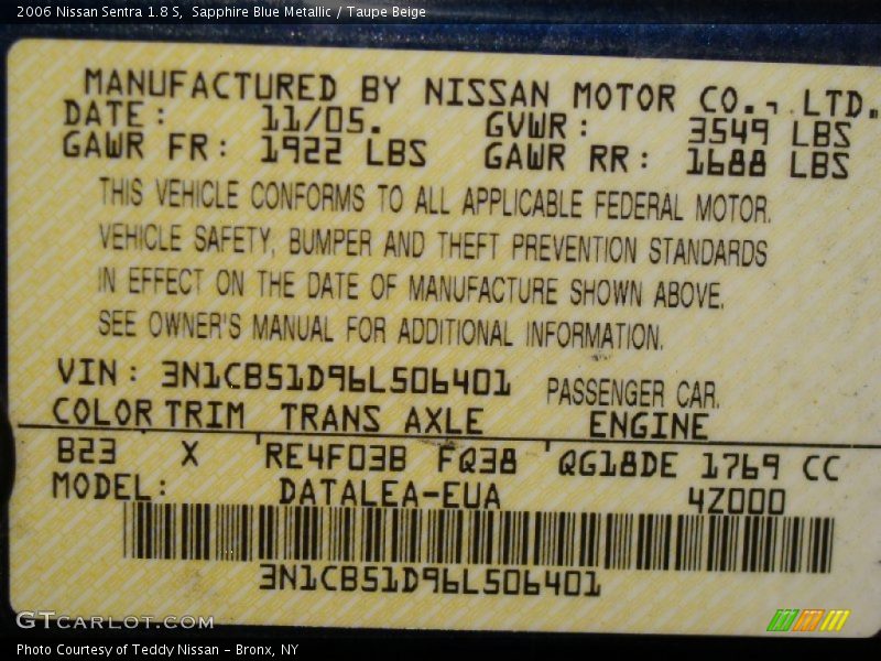 Sapphire Blue Metallic / Taupe Beige 2006 Nissan Sentra 1.8 S