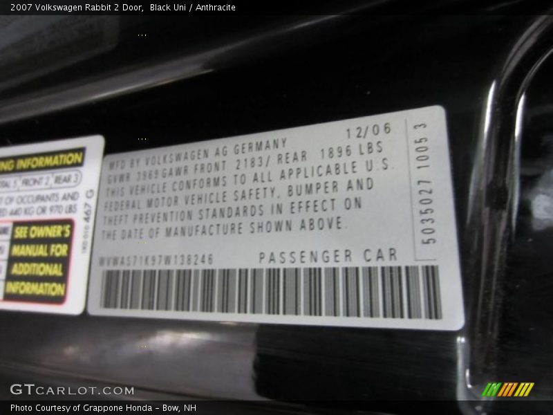 Black Uni / Anthracite 2007 Volkswagen Rabbit 2 Door