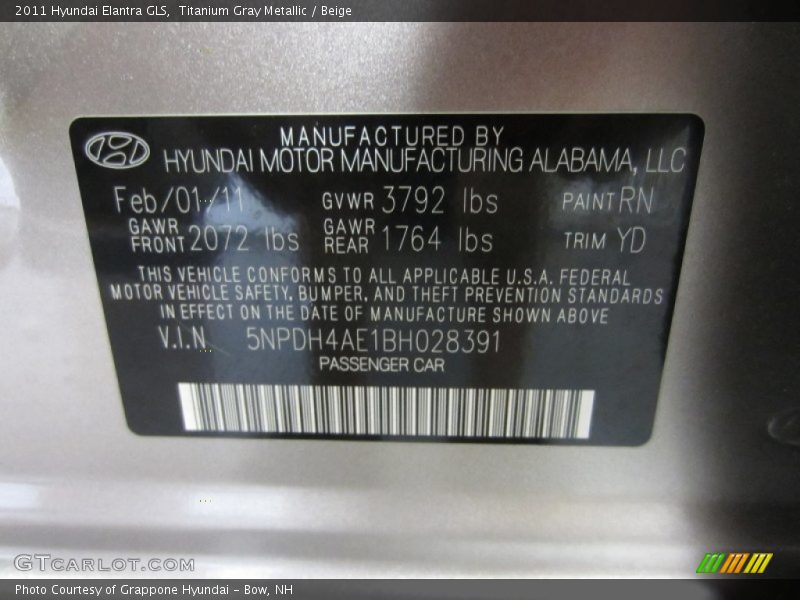 Titanium Gray Metallic / Beige 2011 Hyundai Elantra GLS