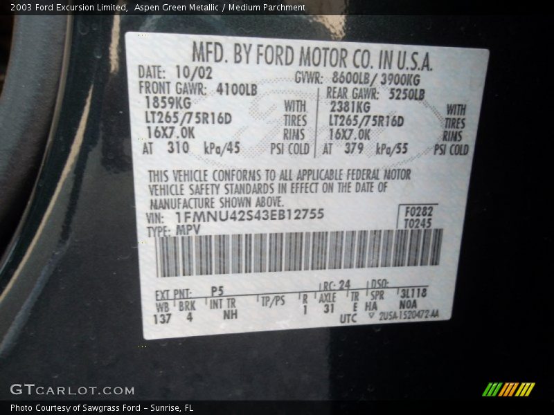 2003 Excursion Limited Aspen Green Metallic Color Code P5