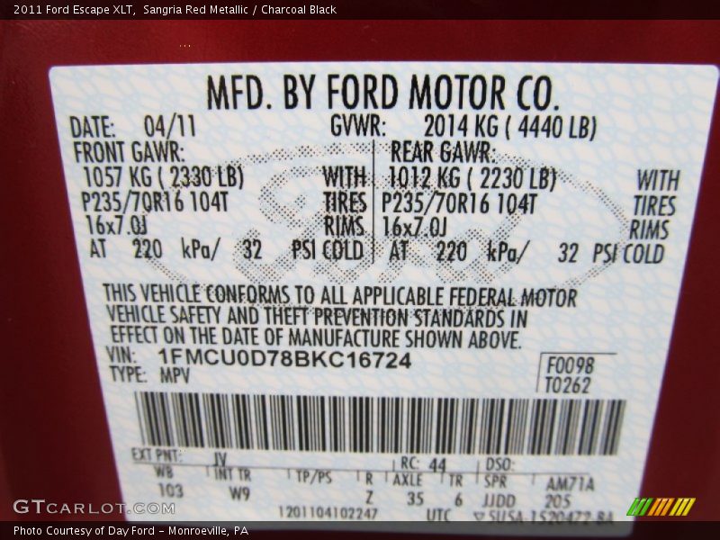 Sangria Red Metallic / Charcoal Black 2011 Ford Escape XLT