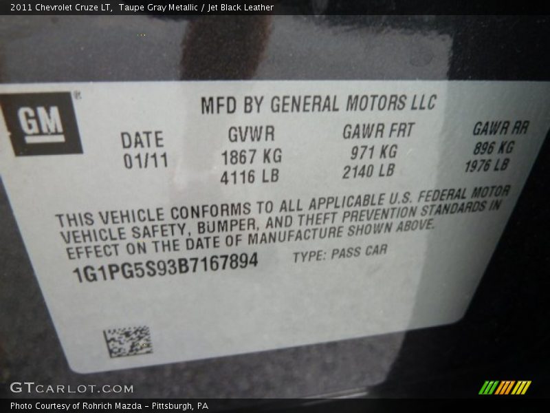 Taupe Gray Metallic / Jet Black Leather 2011 Chevrolet Cruze LT