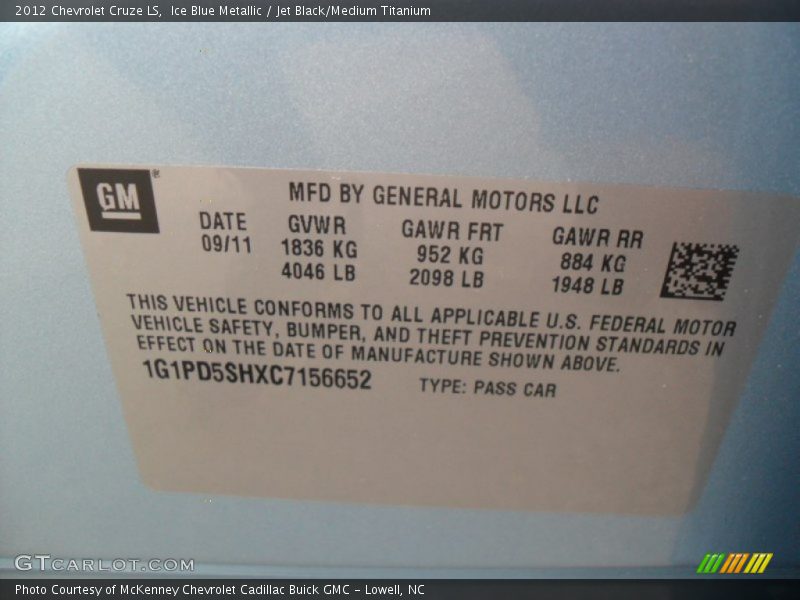 Ice Blue Metallic / Jet Black/Medium Titanium 2012 Chevrolet Cruze LS