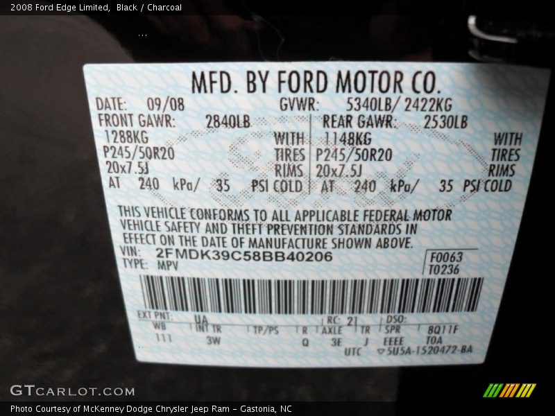 Black / Charcoal 2008 Ford Edge Limited