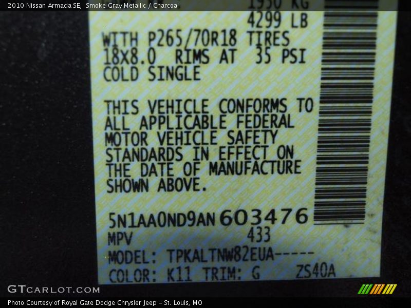 Smoke Gray Metallic / Charcoal 2010 Nissan Armada SE