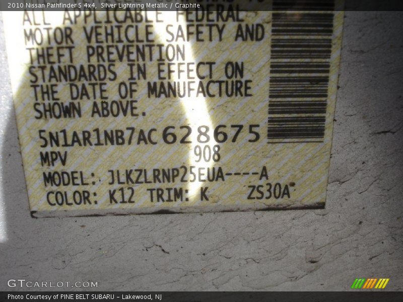 Silver Lightning Metallic / Graphite 2010 Nissan Pathfinder S 4x4
