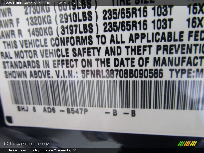 Baltic Blue Pearl / Gray 2008 Honda Odyssey EX-L