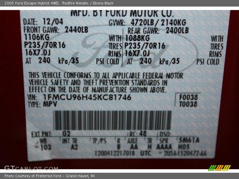 Redfire Metallic / Ebony Black 2005 Ford Escape Hybrid 4WD