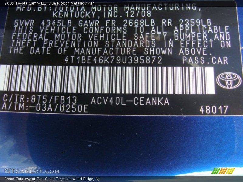 Blue Ribbon Metallic / Ash 2009 Toyota Camry LE