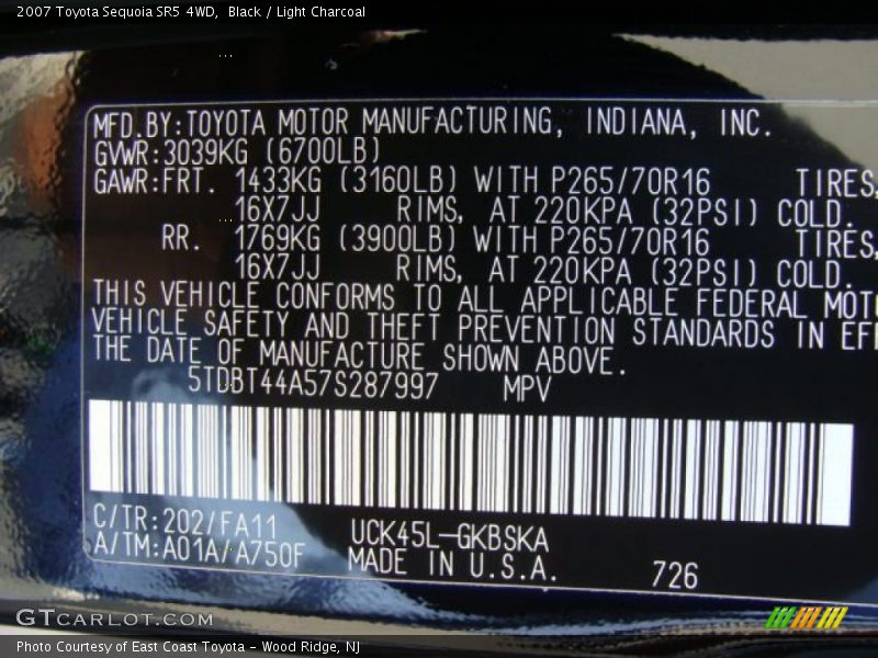 Black / Light Charcoal 2007 Toyota Sequoia SR5 4WD