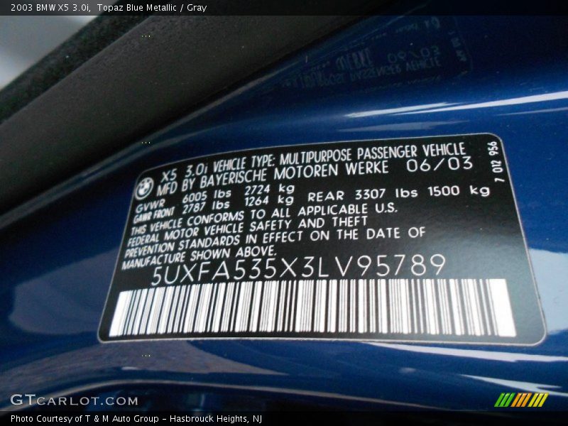 Topaz Blue Metallic / Gray 2003 BMW X5 3.0i