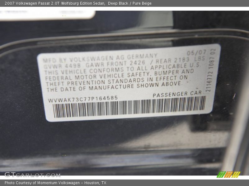 Deep Black / Pure Beige 2007 Volkswagen Passat 2.0T Wolfsburg Edition Sedan