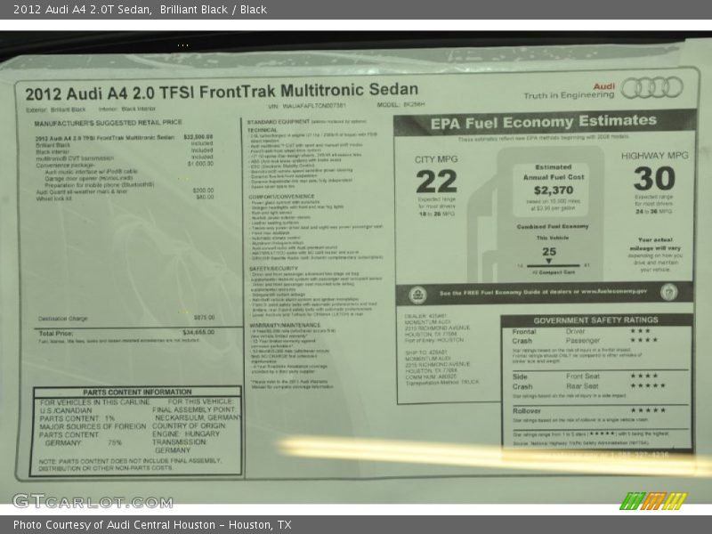  2012 A4 2.0T Sedan Window Sticker