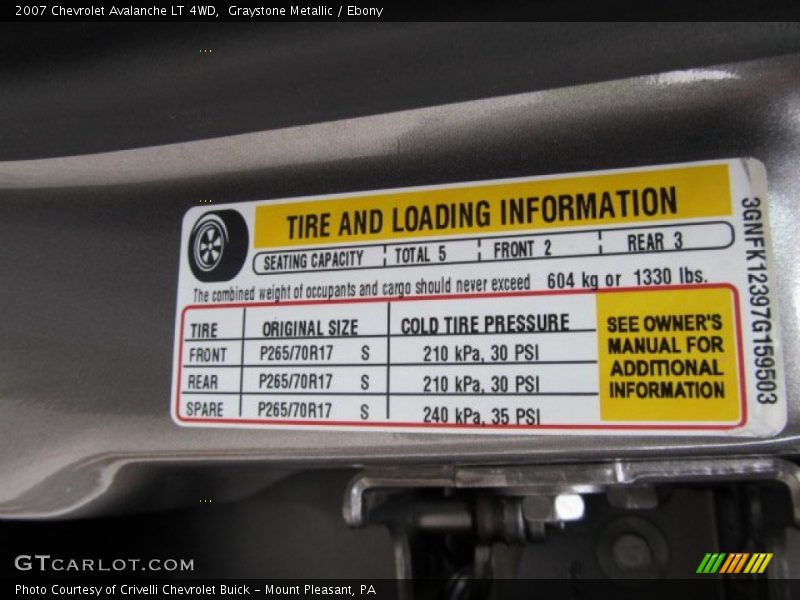 Info Tag of 2007 Avalanche LT 4WD
