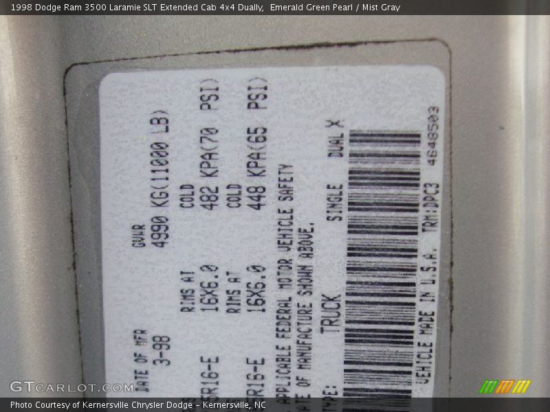 Emerald Green Pearl / Mist Gray 1998 Dodge Ram 3500 Laramie SLT Extended Cab 4x4 Dually