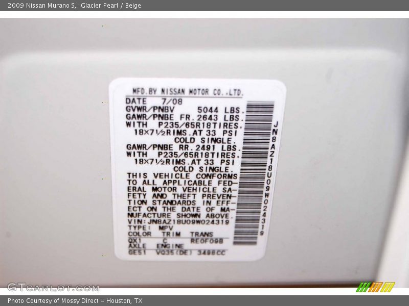 Glacier Pearl / Beige 2009 Nissan Murano S