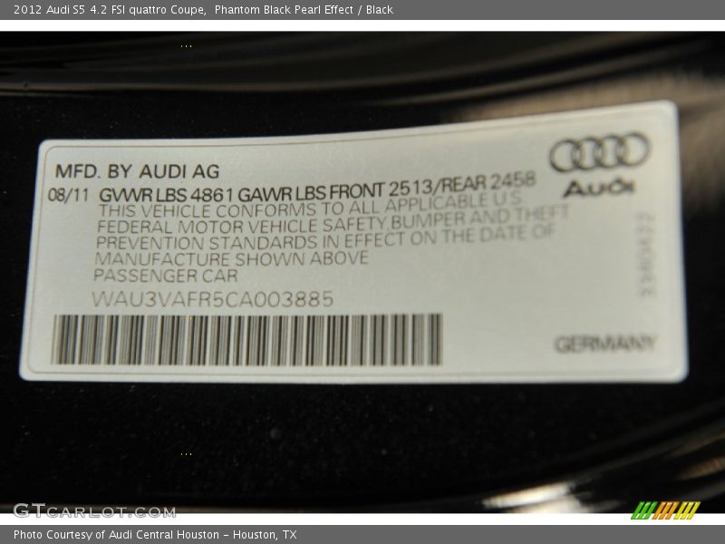 Info Tag of 2012 S5 4.2 FSI quattro Coupe