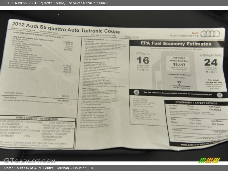  2012 S5 4.2 FSI quattro Coupe Window Sticker