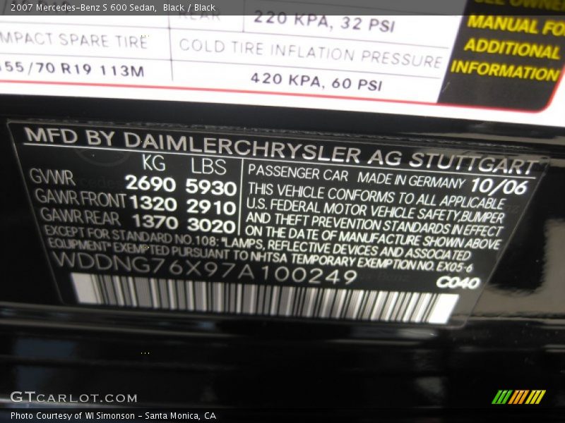 2007 S 600 Sedan Black Color Code 040