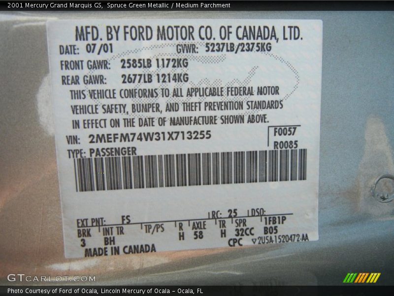 Spruce Green Metallic / Medium Parchment 2001 Mercury Grand Marquis GS